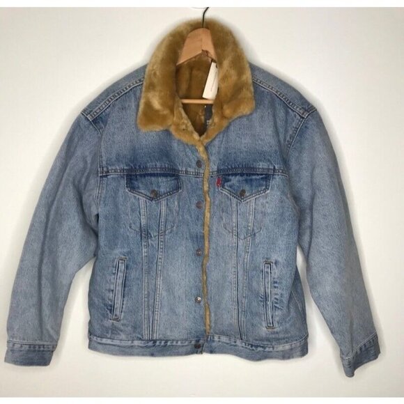 Levis Women Kara Jacket Blue Faux Fur Lined Pockets 100% Cotton‎ Vintage Sz L - Picture 2 of 9